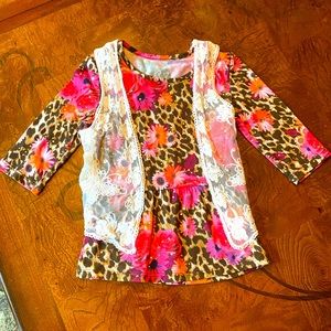 Justice cheetah shirt with lace cardigan size 6